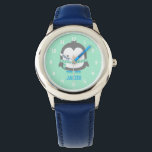 Keep Warm Cute Little Penguin Kids Watches<br><div class="desc">Personalize this cute watch as a Christmas gift for kids! It comes with a cute little penguin that is trying to keep warm with a green stripes scarf and a pair of blue ice skates instead of sliding on its belly like other penguins. Mint background colour can be changed.</div>