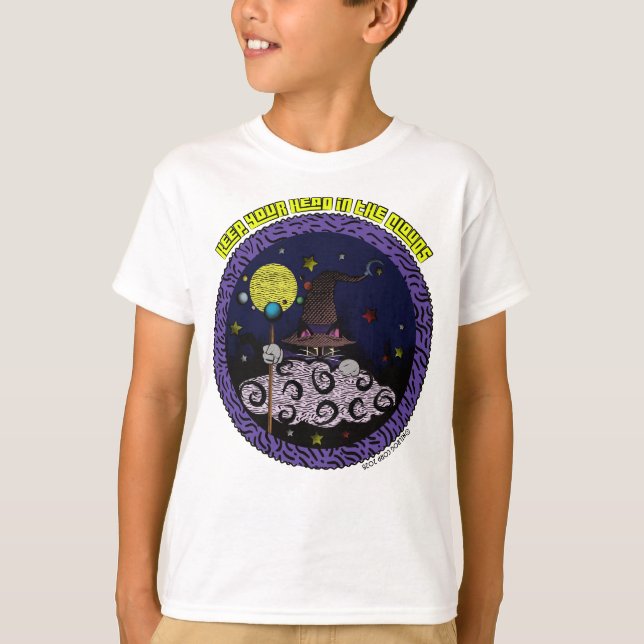Keep Your Head In The Clouds Cartoon Wizard Cat T-Shirt (Front)