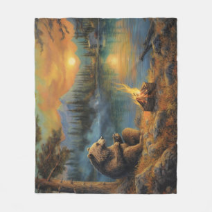 Keeper of the Autumn Flame Grizzly Bear Campfire Fleece Blanket