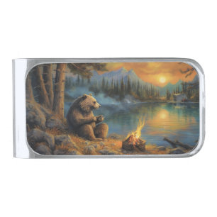 Keeper of the Autumn Flame Grizzly Bear Campfire Silver Finish Money Clip