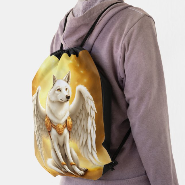 Keeper of the Dawn – The White Winged Wolf.  Drawstring Bag (Insitu)