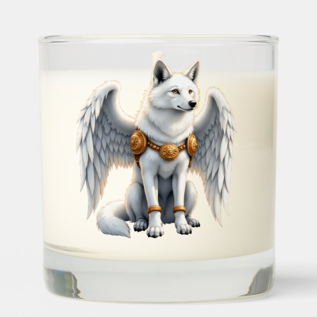 Keeper of the Dawn – The White Winged Wolf.  Scented Candle (Front)