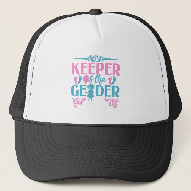 Keeper of the Gender Pink and Blue Gender Reveal Trucker Hat (Front)