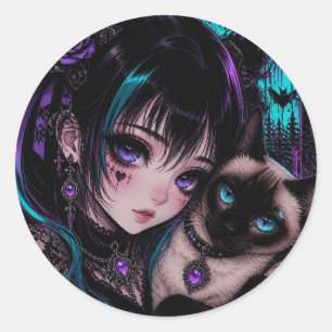 Keeping in Touch Anime Girl & Cat Classic Round Sticker