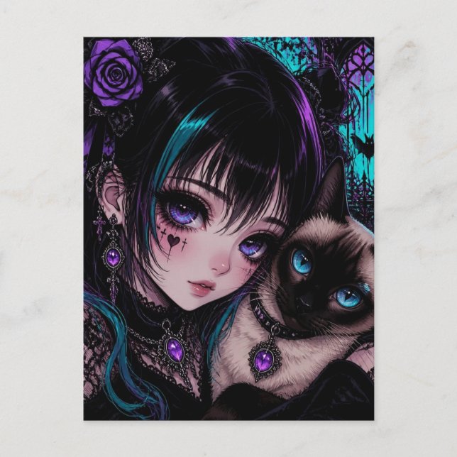 Keeping in Touch | Anime Girl & Cat Postcard (Front)