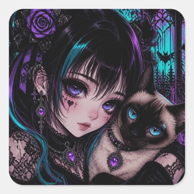 Keeping in Touch | Anime Girl & Cat Square Sticker (Front)