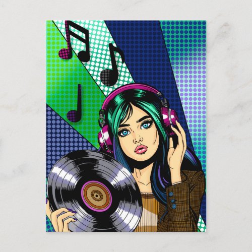 Keeping in touch  Pop Art Girl with Record Postcard