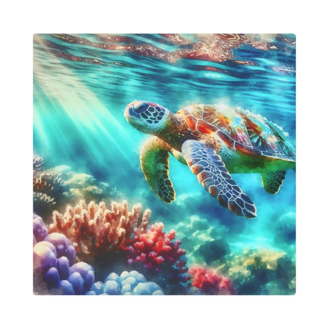 Keeping in Touch  | Sea Turtle Swimming Metal Print (Front)