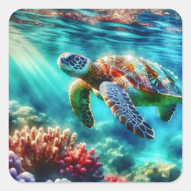 Keeping in Touch  | Sea Turtle Swimming Square Sticker (Front)