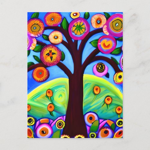Keeping in Touch  Whimsical Tree Folk Art Postcard