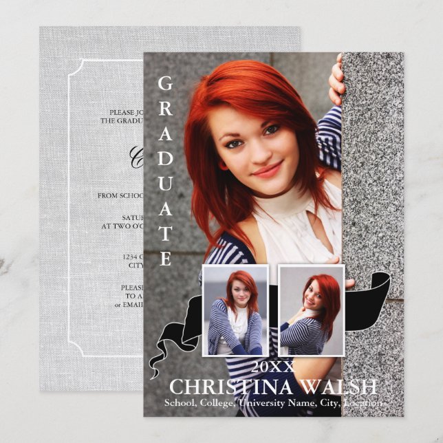 Keepsake 3 Photo Black Ribbon Graduation Invitation (Front/Back)