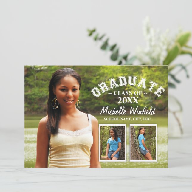 Keepsake 3 Photo Modern Text Overlay Graduation Invitation (Standing Front)