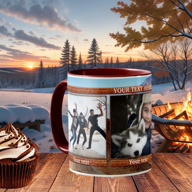 Keepsake 3 Photos Winter Mountain Personalized Mug (Personalized photo mug featuring 3 of your own favorite photos on a mountain image background)