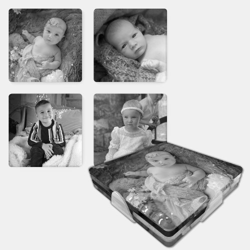 Keepsake 4 photo children black white filter coaster set