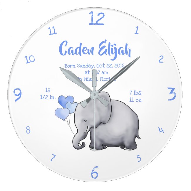 Keepsake Baby Boy Birth Stat Elephant Nursery Large Clock