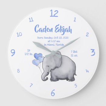 Keepsake Baby Boy Birth Stat Elephant Nursery Large Clock by EleSil at Zazzle