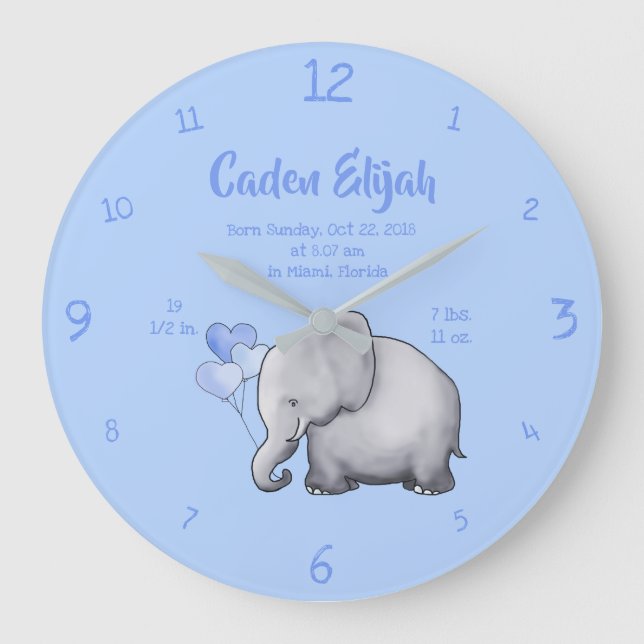 Keepsake Baby Boy Birth Stat Elephant Nursery Large Clock (Front)