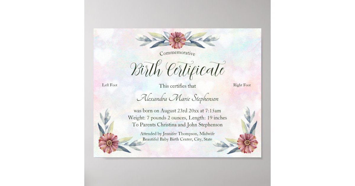 Keepsake Baby Girl Footprint Birth Certificate Poster Zazzle