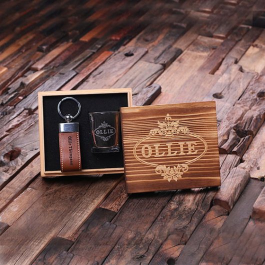 Keepsake Box, Leather Keychain & Shot Glass (Inide)
