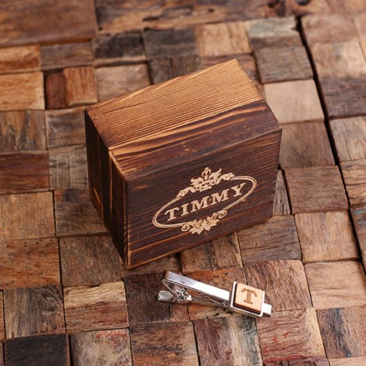 Keepsake Box & Men's Wooden & Silver Tie Clip (Front)
