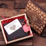 Keepsake Box: Metal Card & Brown Men's Wallet<br><div class="desc">Limited Edition men’s leather wallet with metal wallet message card for Valentine’s Day with heart gift tag and red shredded packaging paper. Wood box engraved in a charming heart pattern which is further personalized with a plaque shape design.</div>