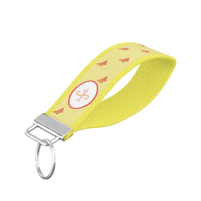 Keepsake Butterfly Pattern Modern Name Monogram Wrist Keychain (Angled Down)