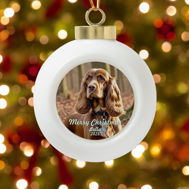  Keepsake Cocker Spaniel Photo Personalize  Ceramic Ball Christmas Ornament (Front View)
