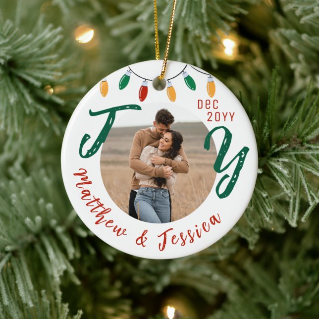 Keepsake Couples Photo White Joy Festive Christmas Ceramic Ornament (Tree)