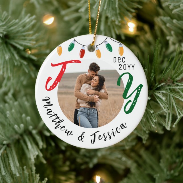 Keepsake Couples Photo White Joy Festive Christmas Ceramic Ornament (Tree)