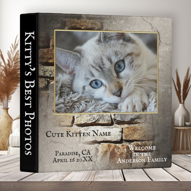Keepsake Cute Cat Photo Grunge Brick Binder (Binder featuring your own custom photo framed by a golden lining on a grunge brick wall background)