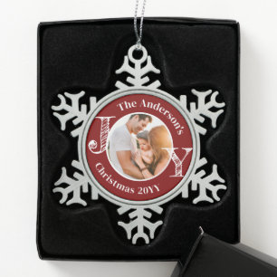 Keepsake Family Photo Joy Modern Minimalist Snowflake Pewter Christmas Ornament