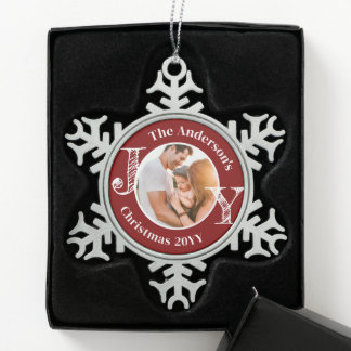 Keepsake Family Photo Joy Modern Minimalist Snowflake Pewter Christmas Ornament
