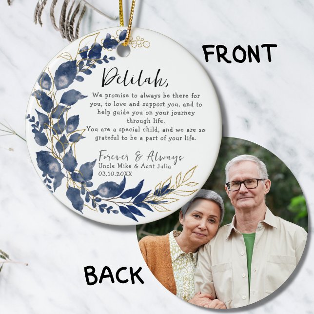 Keepsake from Godparents - Baptism Blue Leaves Ceramic Ornament (Creator Uploaded)