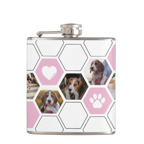 Keepsake Geometric Pink Heart Paw Dog Photo Animal Flask