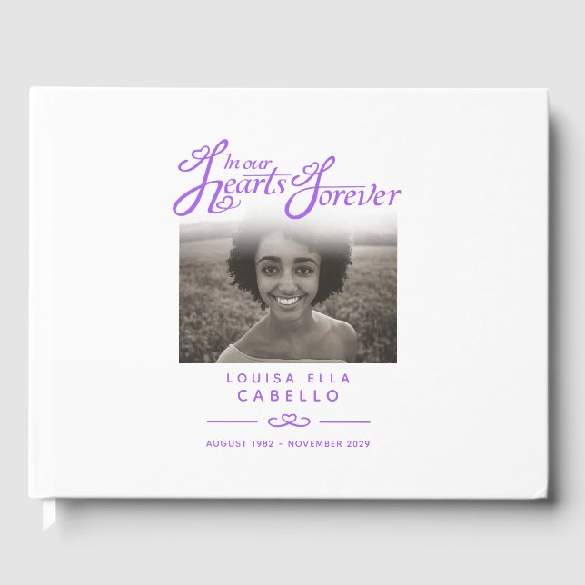 Keepsake memorial book in our hearts white purple (Front)