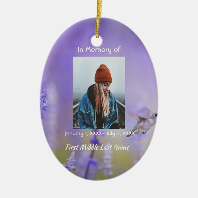 Keepsake Memorial Hummingbird Lavender Flowers Ceramic Ornament (Front)