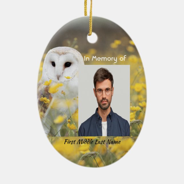 Keepsake Memorial Photo Barn Owl Bird  Ceramic Ornament (Back)