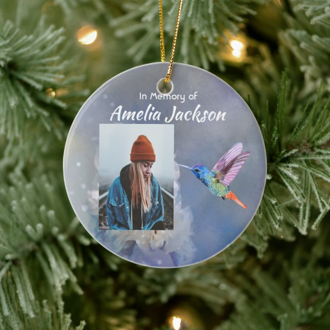 Keepsake  Memorial White Flower Hummingbird Ceramic Ornament (Tree)