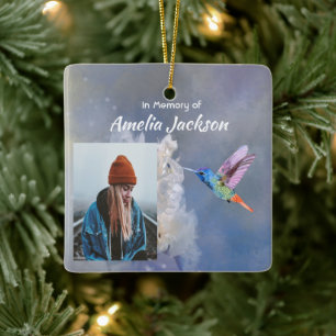 Keepsake Memorial White Flower Hummingbird Ceramic Ornament
