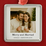 Keepsake Merry and Married First Christmas Photo Metal Ornament<br><div class="desc">Commemorate your first Christmas as newlyweds with this beautiful photo ornament featuring “Merry & Married” in elegant script. A sentimental gift and a timeless addition to your holiday traditions.</div>