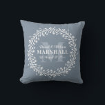 Keepsake Newlywed Couple Blue Wreath Monogram Throw Pillow<br><div class="desc">Floral Wreath Calligraphy Typography Monogram Throw Pillow in Dusty Blue and White - Stylish blue and white monogrammed throw pillow gift for a newly wed couple that features a custom monogram, groom & bride names, last name, and wedding date templates surrounded by a bold floral line art wreath. A thoughtful...</div>