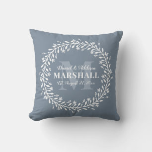 Keepsake Newlywed Couple Blue Wreath Monogram Throw Pillow