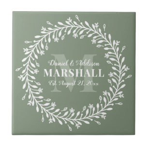 Keepsake Newlywed Couple Green Wreath Monogram Ceramic Tile