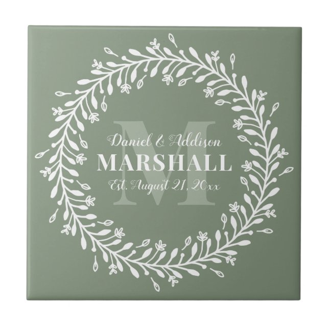 Keepsake Newlywed Couple Green Wreath Monogram Ceramic Tile (Front)