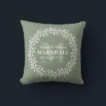 Keepsake Newlywed Couple Green Wreath Monogram Throw Pillow<br><div class="desc">Floral Wreath Calligraphy Typography Monogram Throw Pillow in Sage Green and White - Stylish green and white monogrammed throw pillow gift for a newly wed couple that features a custom monogram, groom & bride names, last name, and wedding date templates surrounded by a bold floral line art wreath. A thoughtful...</div>