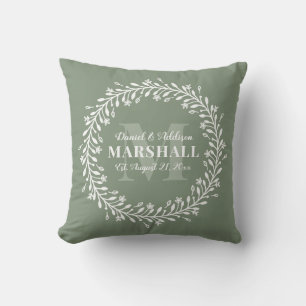 Keepsake Newlywed Couple Green Wreath Monogram Throw Pillow