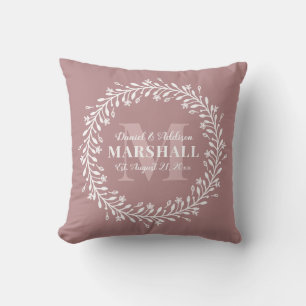 Keepsake Newlywed Couple Pink Wreath Monogram Throw Pillow