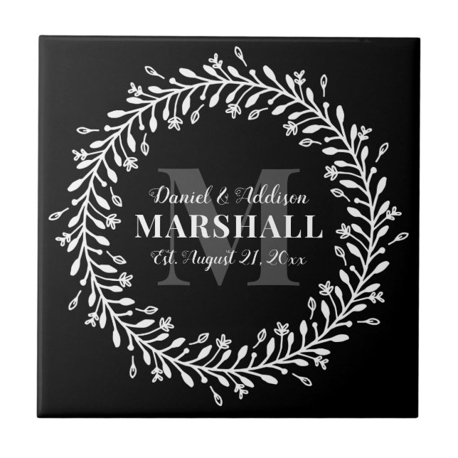 Keepsake Newlywed Couple Wreath Monogram Name Ceramic Tile (Front)