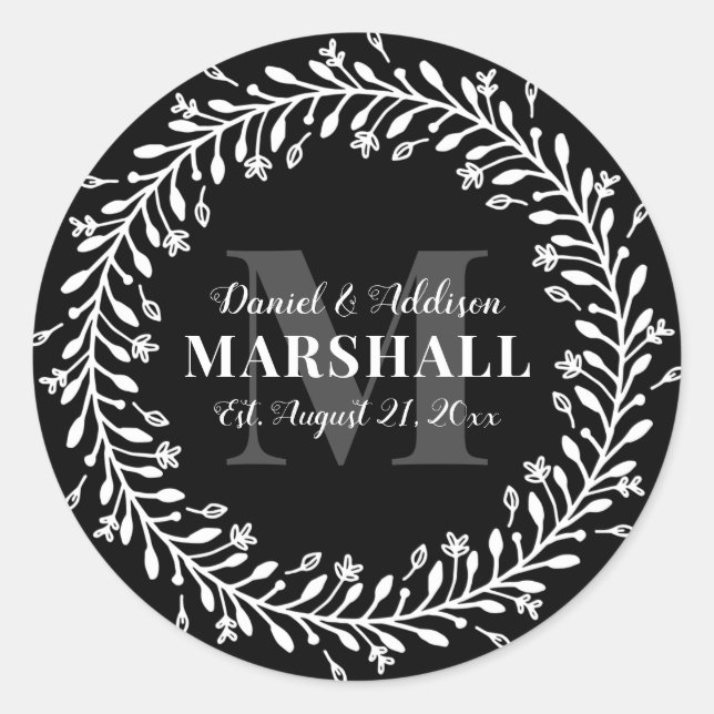 Keepsake Newlywed Couple Wreath Monogram Name Classic Round Sticker (Front)