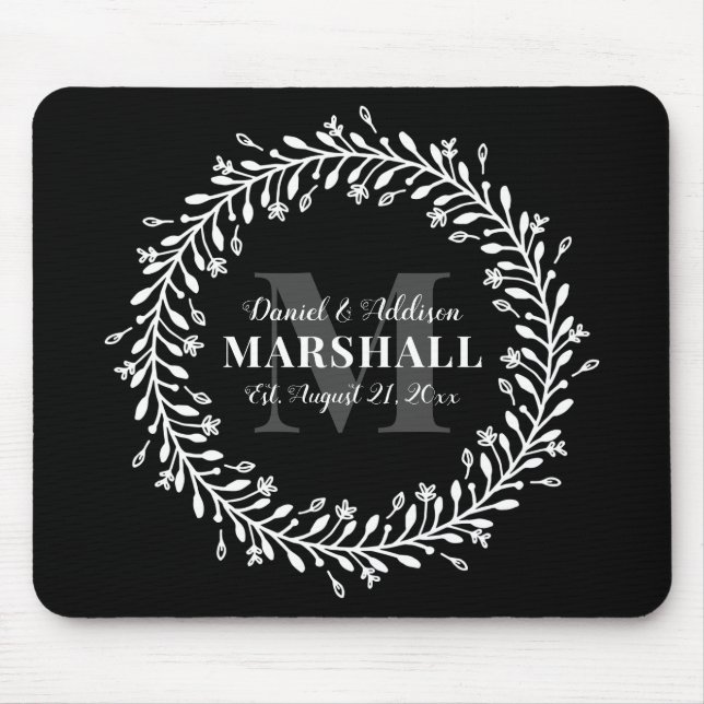 Keepsake Newlywed Couple Wreath Monogram Name Mouse Pad (Front)